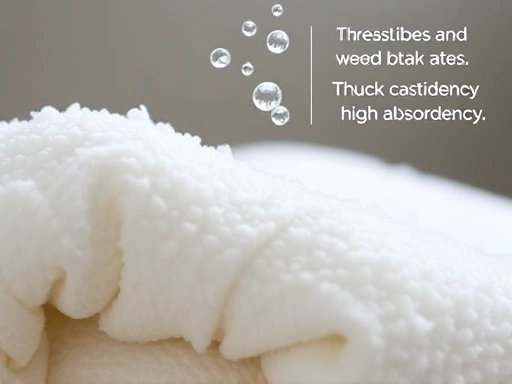 A soft, fluffy bath towel absorbing water drops, with a focus on its luxurious texture and thick fibers, illustrating high absorbency.