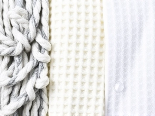 Close-up of different towel fabric weaves, showing the distinct textures of terry loops, waffle patterns, and smooth microfiber, with water droplets on each to highlight absorption properties.