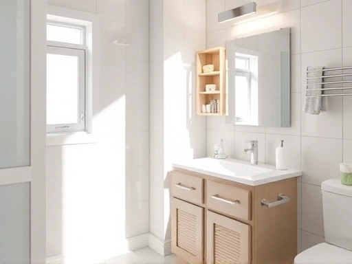 A clean and well-ventilated modern bathroom with sunlight streaming in, showing a neatly organized vanity cabinet with no signs of humidity, focusing on freshness and prevention strategies.