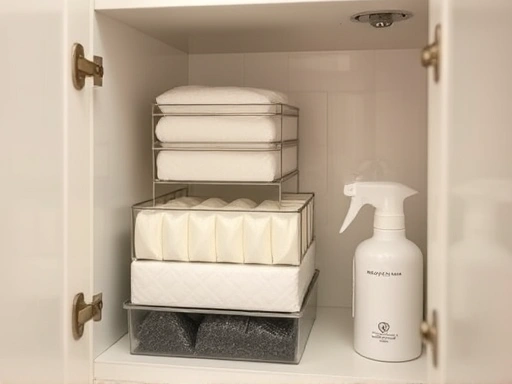 Close-up view inside a well-maintained bathroom cabinet, showcasing small moisture absorbers (like dehumidifier boxes or charcoal bags) placed strategically, with neat, dry items and no mold visible, emphasizing attention to detail.
