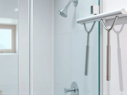 A close-up of a perfectly clean glass shower door, showing no water spots or streaks, reflecting the bathroom's interior. A squeegee hangs neatly on the wall next to it. Emphasize sparkling cleanliness and daily routine. Use SEO keywords: glass shower door, water spots, streak-free, daily cleaning, squeegee.