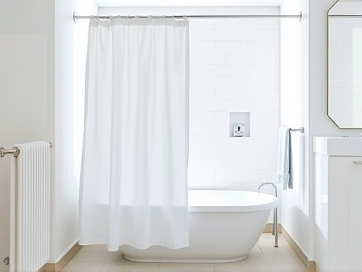 A clean, brightly lit bathroom with a fabric shower curtain pulled open, revealing a sparkling white bathtub. The scene emphasizes ease of use and simple maintenance, with a hint of natural light and fresh atmosphere. Use SEO keywords: shower curtain, bathroom cleaning, fabric curtain, easy maintenance.