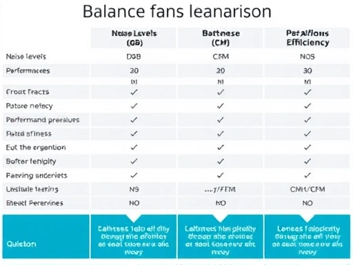 A detailed comparison chart showing various aspects of bathroom exhaust fans, highlighting noise levels (dB) and performance (CMH/CFM), with visual icons representing quietness and airflow efficiency. Focus on balancing features. 