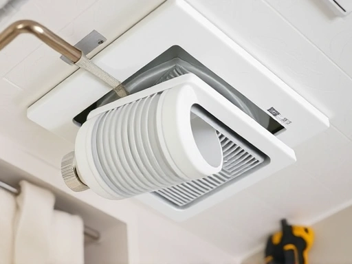 A close-up shot of a bathroom exhaust fan being installed, focusing on the duct connection and insulation, illustrating the importance of proper setup for optimal airflow and reduced noise. Include tools and technical elements.