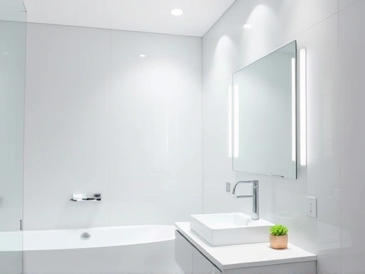A modern, brightly lit bathroom with LED lighting, showing soft, even illumination. Focus on ambient light creating a serene atmosphere. Include a vanity mirror with focused task lighting for bathroom LED brightness recommendations.