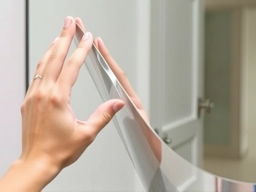 Close-up of a hand gently applying a thin layer of anti-fog film onto a bathroom mirror, showing no bubbles or streaks, with the mirror surface looking perfectly clear. The image highlights the detailed process for fog prevention film.