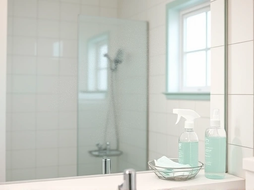 A clean, fog-free bathroom mirror, reflecting a bright, steamy bathroom, with a focus on effective fog prevention. A spray bottle and cleaning cloth are subtly visible, emphasizing the practical solutions for bathroom mirror fog.