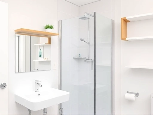 A modern, clean bathroom with various types of shelves installed in different locations: a sleek floating shelf above the sink, a corner shelf in the shower, and wall-mounted shelves near the toilet, showcasing efficient bathroom storage and organization.