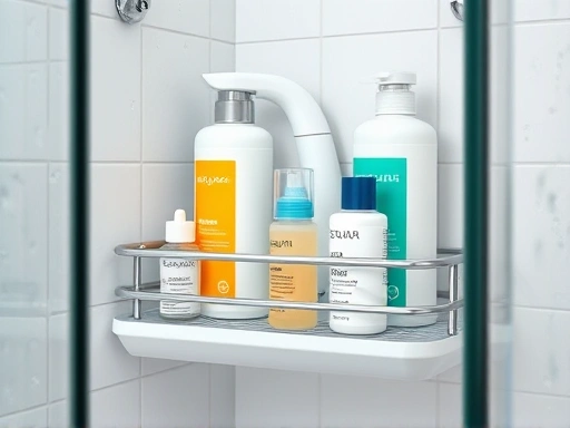 Close-up of a well-organized bathroom shower corner shelf, holding various toiletries like shampoos and soaps, with water droplets visible on the glass, emphasizing practical and accessible bathroom storage solutions.