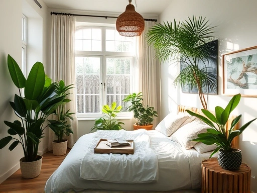 A cozy, calm bedroom interior with various air-purifying plants like a large Areca Palm and a Snake Plant, sunlight filtering through windows, focusing on clean air and relaxation. SEO keywords: bedroom, air purifying plants, interior, clean air, healthy sleep.