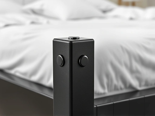 Close-up detail of a modern metal bed frame joint, showcasing its sleek design and the robustness of the dark metal, with a soft blur of bedding in the background, minimalist, industrial aesthetic.