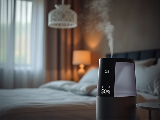 A comfortable, dimly lit bedroom interior with a modern, sleek humidifier subtly releasing a fine mist, showing a digital hygrometer displaying 50% humidity, conveying a sense of serene, healthy atmosphere.