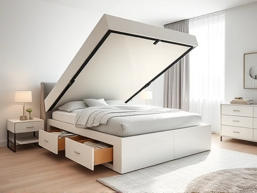 A bright, modern bedroom showcasing a sleek storage bed with visible drawers and lift-up mechanism, emphasizing efficient space utilization and organization.