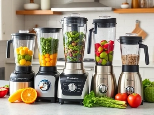 A diverse set of blenders on a kitchen counter, showing different sizes and designs suitable for making smoothies, with various fruits and vegetables around.