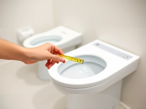 A hand holding a measuring tape, checking the dimensions of a toilet bowl, with a bidet box in the background, set in a clean, modern bathroom, emphasizing compatibility and planning.