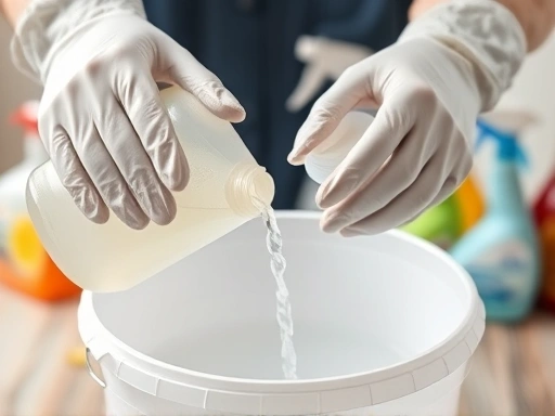 Close-up of hands wearing protective gloves, carefully pouring liquid bleach into a bucket of water, with a blurred background showing common household cleaning tools, emphasizing safety and dilution.