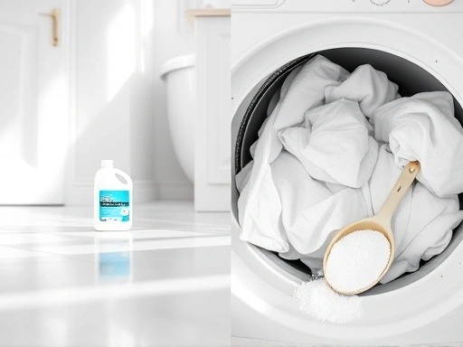 A split image showing two distinct cleaning scenarios: on one side, a clean, sparkling bathroom floor with a bottle of bleach; on the other side, a pile of bright white laundry in a washing machine with a scoop of sodium percarbonate, emphasizing cleanliness and a subtle glow, bright, professional photography.