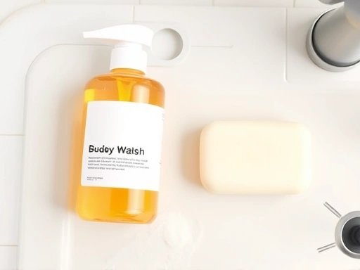 A detailed flat lay comparing body wash and bar soap on a clean, light bathroom counter, highlighting their textures, packaging, and a small amount of lather. Focus on cleanliness and product differences.