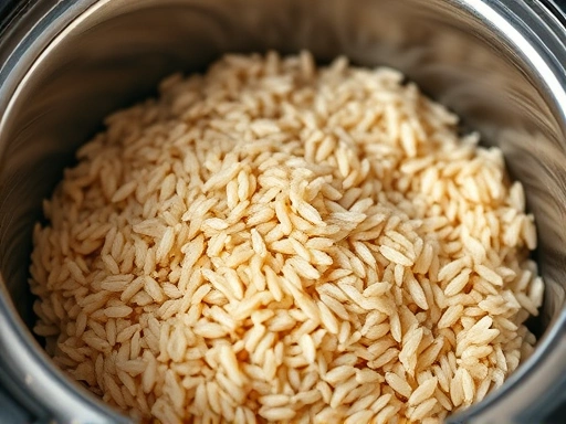 A close-up shot focusing on the texture of perfectly cooked brown rice inside an electric rice cooker, highlighting individual grains and the soft, moist appearance, with a blurred background of the rice cooker control panel.