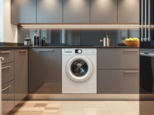 A modern kitchen with a seamlessly integrated built-in washing machine, highlighting sleek design and efficient space utilization.