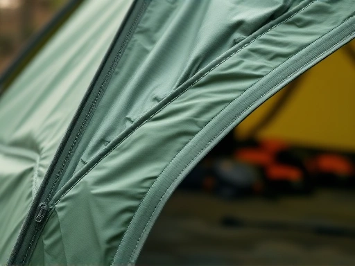 A close-up, detailed shot of the robust stitching and high-quality fabric of a durable camping tent, with a blurred background showing other camping equipment. The focus is on the intricate craftsmanship and material strength, emphasizing the tent's durability. Include tent durability material detail.