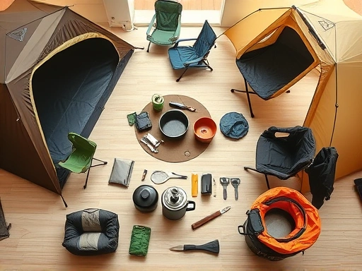 A high-angle shot of various camping gear laid out on a clean, light-colored wooden floor, showcasing different brands of durable tents, chairs, and cookware. The focus is on the materials and sturdy construction, with soft natural light illuminating the scene. Include camping gear durability brand comparison.