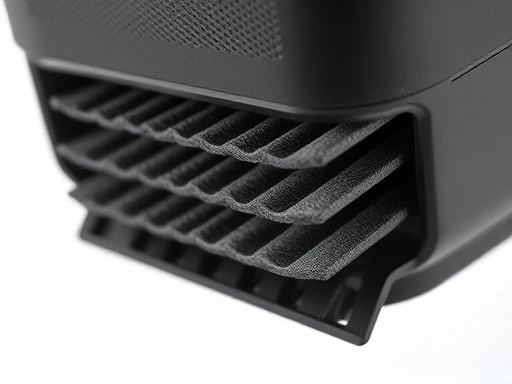 A detailed close-up of a car air purifier's filter, showing the multi-layered HEPA and activated carbon filter components. The image should highlight the intricate structure of the filter, emphasizing its dust-trapping and odor-absorbing capabilities.