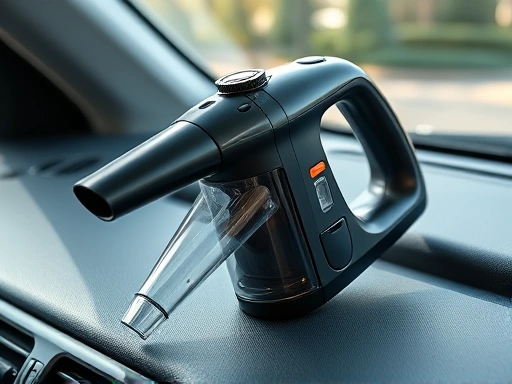 A sleek, modern handheld vacuum cleaner placed prominently on a clean car dashboard, illuminated by soft natural light. Focus on the compact size and ergonomic design, hinting at efficiency. Include a detailed view of its nozzle and power button, suitable for a product feature image.