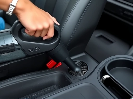 A close-up shot of a person using a handheld vacuum cleaner to clean the tight crevice between a car seat and console, showcasing the extended nozzle. Emphasize the ease of access and effectiveness in hard-to-reach areas, highlighting dust and small debris being suctioned.