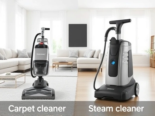A side-by-side comparison of a modern carpet cleaner and a sleek steam cleaner in a clean, bright living room setting, showcasing their distinct uses for different floor types, with keywords like 