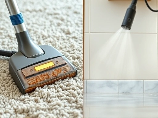 A close-up shot detailing the nozzle of a carpet cleaner extracting dirty water from a plush rug, alongside the steam nozzle of a steam cleaner emitting hot vapor on a gleaming tiled floor, emphasizing 