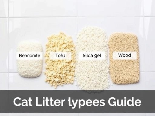 A visually appealing image featuring various types of cat litter side-by-side on a clean, light surface, showcasing their distinct textures and colors. Include labels for bentonite, tofu, silica gel, wood, and paper litter. The scene should be bright and modern, emphasizing the variety for 