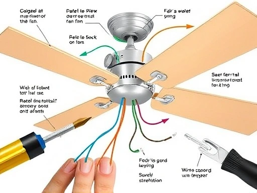 A detailed diagram showing the electrical wiring process for a ceiling fan installation, including color-coded wires and connection points, with tools like screwdrivers and wire strippers visible, highlighting safety and precision.