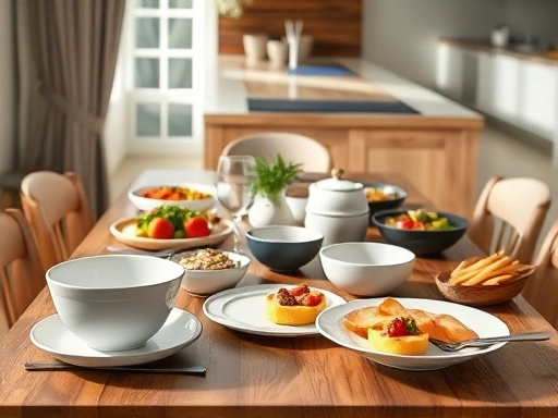 A balanced comparison of ceramic and melamine tableware, showcasing their distinct features on a well-lit dining table with various foods, highlighting texture and color differences, incorporating keywords like ceramic, melamine, tableware, dining, comparison.
