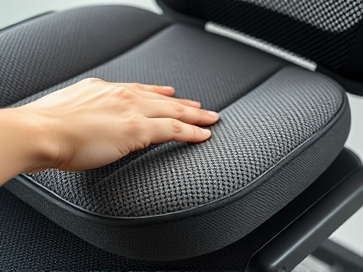 A close-up shot focusing on the texture and material of a high-quality, durable chair cushion, showing its ergonomic contours and breathable fabric, possibly with a hand gently pressing on it to demonstrate its support.