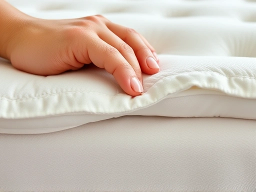 Close-up of a hand gently pressing into a mattress topper, showing its texture and resilience, highlighting the soft yet supportive quality of the material, with a focus on detailed fabric and a clean, comfortable feel.
