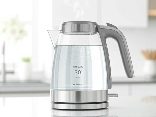 A sparkling clean electric kettle, free of limescale, boiling clear water, with steam rising gracefully in a bright, minimalist kitchen setting, emphasizing the cleanliness after limescale removal.