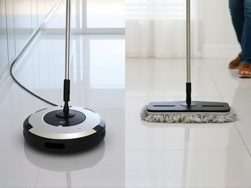 A dynamic scene showing a sleek, modern robot mop autonomously cleaning a polished floor on one side, and a person manually mopping with a traditional mop on the other side, highlighting the contrast in methods. The floor should look visibly cleaner on both sides.