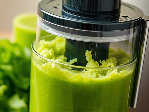 A close-up shot of a juicer in action, extracting bright green juice from leafy vegetables, showing the pulp and juice separation.