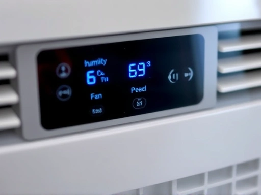 Close-up on the control panel of a modern dehumidifier, clearly displaying the current humidity level, fan speed, and power settings, with soft ambient light.