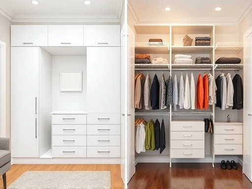 A side-by-side comparison of a sleek custom closet system on one side and a practical ready-made closet system on the other, illustrating distinct features in a modern home setting. Focus on organization and space utilization for closet system guide.
