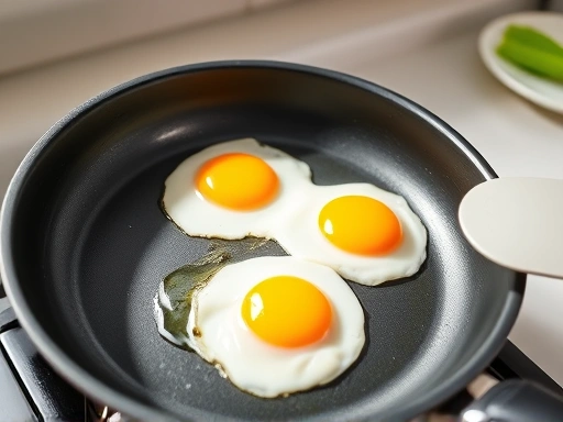 A close-up shot of a non-stick coated pan, perfectly frying two sunny-side-up eggs without sticking, highlighting ease of use and convenience, with a soft silicone spatula nearby in a brightly lit kitchen setting.
