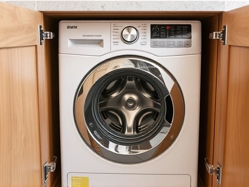 Close-up of a built-in washing machine within a custom cabinet, emphasizing its compact size and the challenges of access for maintenance.