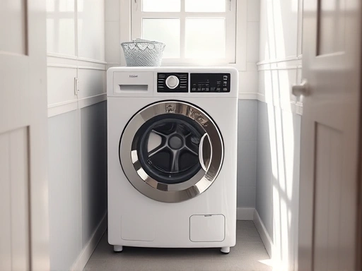 A sleek, modern mini washing machine placed in a compact studio apartment bathroom, with sunlight streaming through the window, emphasizing space-saving and convenience. Focus on clean lines and practical design for small laundry needs.