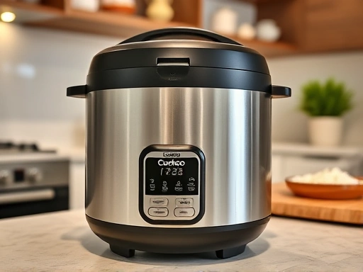 A modern Cuckoo Twin Pressure rice cooker, sleek and metallic, with dual pressure settings visible on a digital display, preparing various rice textures in a contemporary kitchen setting, high angle shot with soft lighting.