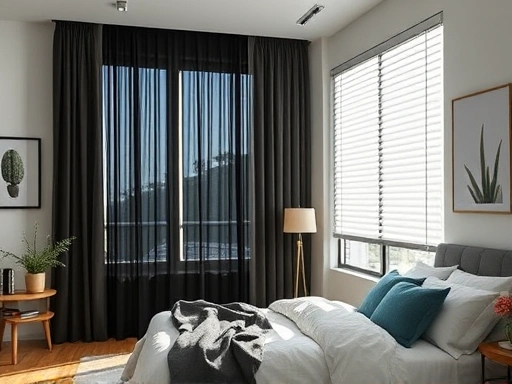 A cozy bedroom with a large window, showing both a dark blackout curtain and sleek blinds, demonstrating different light blocking styles, natural light, modern interior design for comparison of light blocking effects.