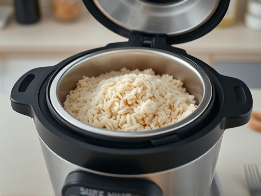 A high-angle shot of a sleek, modern electric rice cooker lid opening, revealing perfectly cooked, fluffy brown rice inside, with steam gently rising. The background is a clean, minimalist kitchen setting.