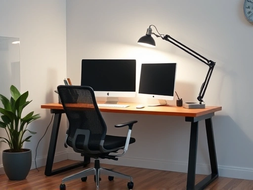 A well-lit modern home office desk with a comfortable chair, an ergonomic monitor, and a stylish, adjustable desk lamp illuminating the workspace, promoting eye health and focus.