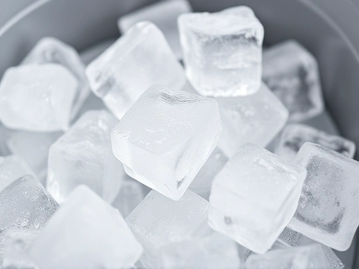 A close-up shot of various types of ice, including bullet ice and nugget ice, freshly made from a home ice maker, showcasing their texture and clarity as they fall into a clean container, highlighting ice quality.