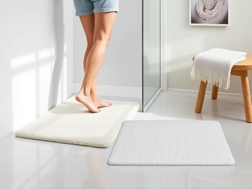 A modern bathroom with a person stepping out of the shower onto a quick-drying diatomaceous earth mat, next to a soft fabric mat, showcasing the contrast between the two mat types. Focus on hygiene and dryness, with a clean, minimalist aesthetic and natural lighting.